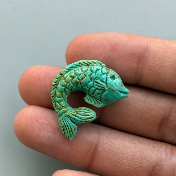 Natural Turquoise Fish Carving – Semi Precious Gemstone Handmade Carving for Jewelry Making