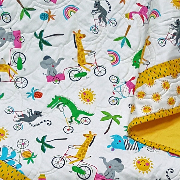 Handmade Whimsical Animal Print Baby Quilt, Yellow Border