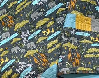 Handmade Nursery Quilt, Patchwork Quilt, Safari Baby Blanket, Colorful Baby Quilt, Safari Nursery