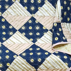 Ruby Star Society, Modern Sunshine Baby Quilt, Handmade Nursery Quilt, Sun Print Patchwork Quilt, Navy & Pink Baby Blanket, Baby Girl Quilt