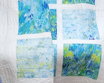 Watercolor Botanical Throw Quilt, Handmade Cotton Patchwork Quilted Blanket