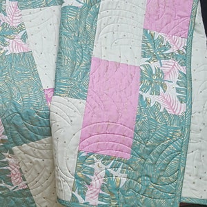 Contempory Handmade Throw, Summer Patchwork Quilt, Muted Colors Quilted Throw Blanket, 90s Retro Throw Quilt, Palm Leaf Print Handmade Quilt