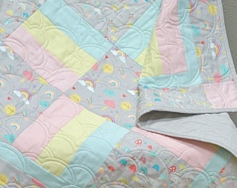 Handmade Nursery Quilt, Rainbow Print Cotton Baby Blanket (39x39)