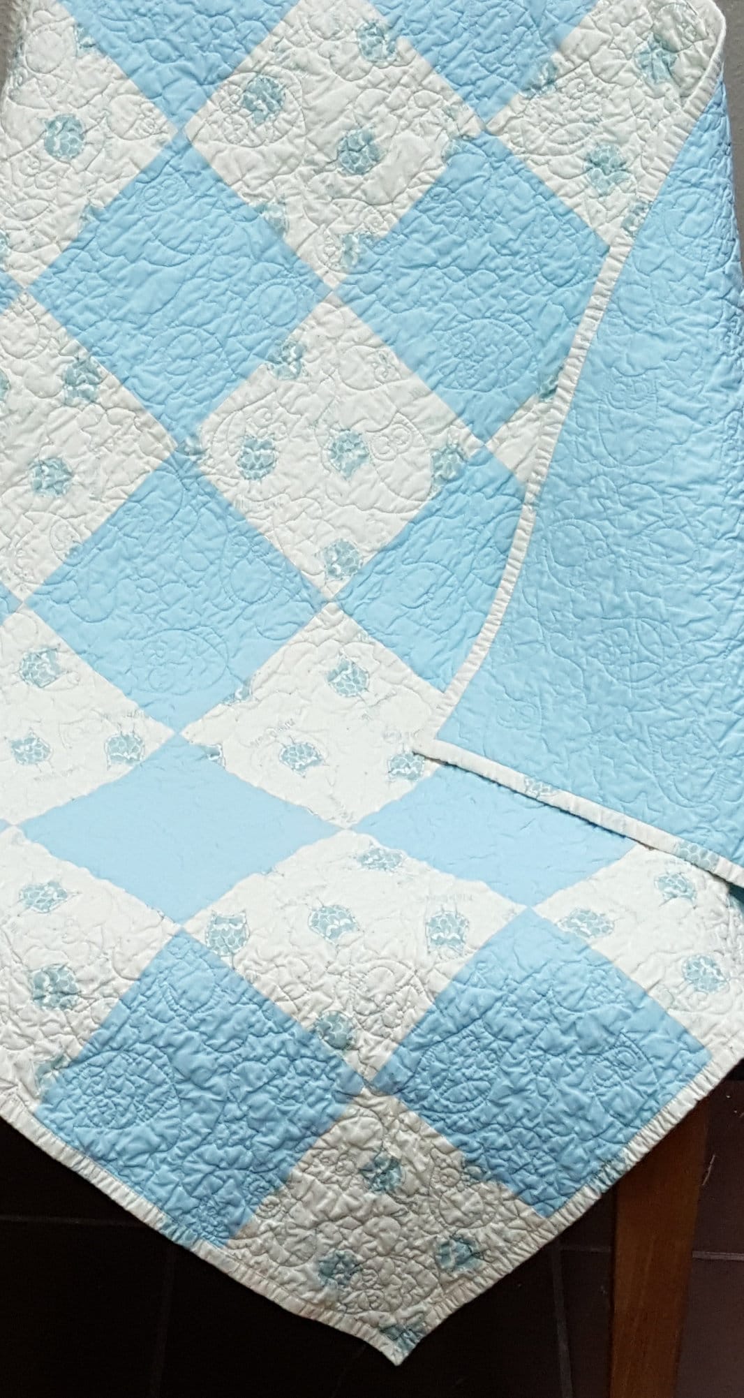 Handmade Owl Baby Quilt, Blue Patchwork Nursery Blanket