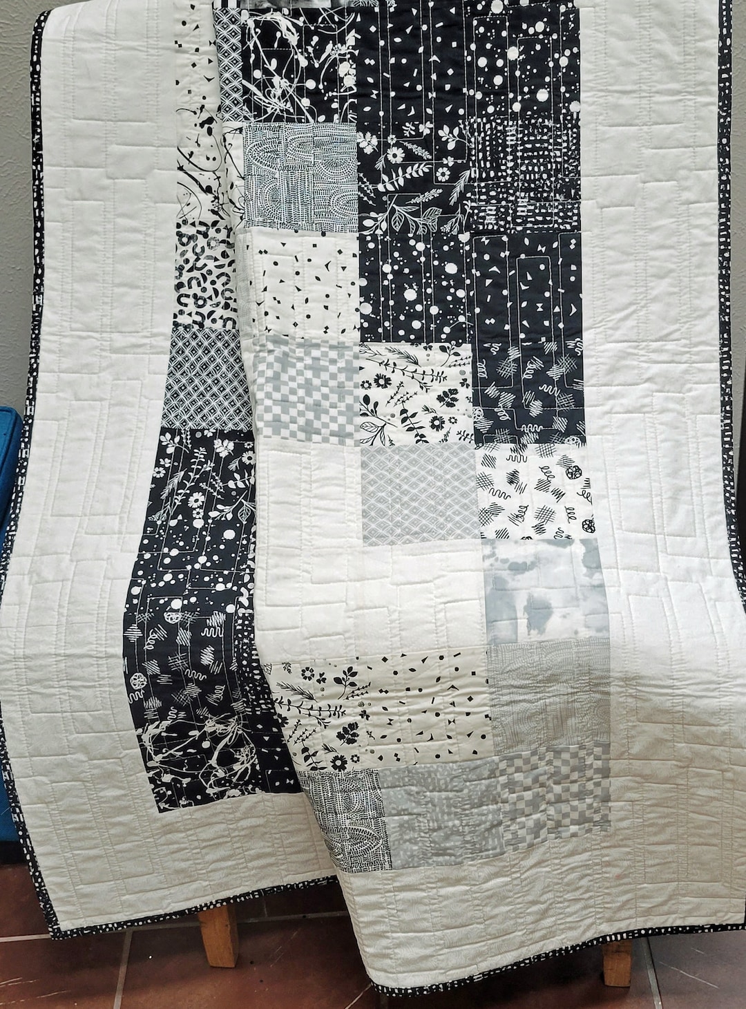 White Patchwork Handmade Black and White Patchwork Quilt, Modern Throw Blanket (48x56 ...