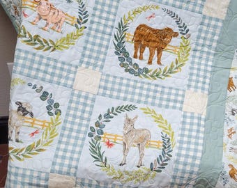 Handgemaakte kinderkamerquilt, patchwork gewatteerde deken boerderijdieren