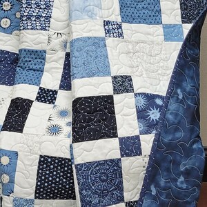May include: A patchwork quilt in shades of blue and white, featuring celestial and geometric patterns. The quilt's design includes squares with moons, stars, and zodiac symbols. The edges are finished with a dark blue fabric with a cloud-like pattern.