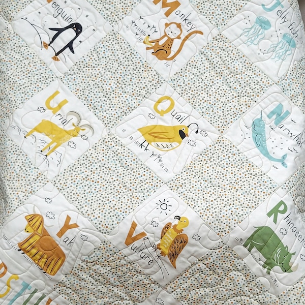 Handmade ABC Animal Quilt, Gender Neutral Baby Blanket