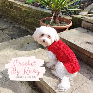 Op de afbeelding: Een kleine witte hond die een rode gebreide trui draagt. De hond zit op een set stenen trappen. De afbeelding bevat de tekst "Crochet By Kirby HOOKED SINCE 2020".