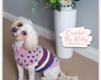 Polka Dog Sweater Crochet Pattern | Spots Stripes | Pink Cerise Blue Cream | Small Dog Jumper | Instant Digital Download PDF Pattern