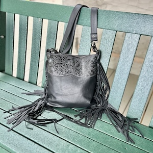 Crossbody Bag Black Leather Fringe Western Hobo
