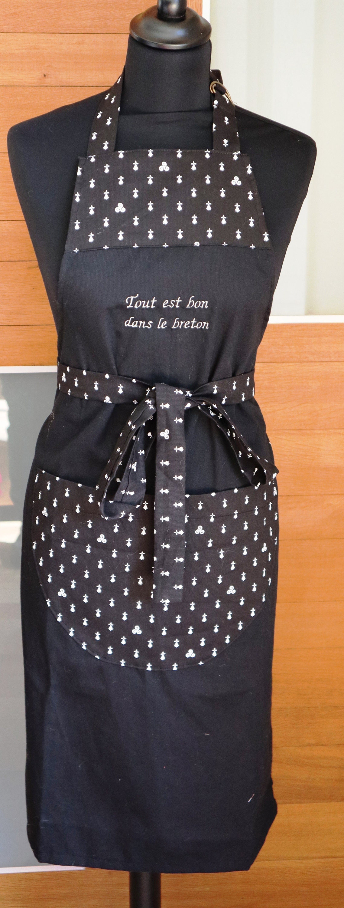 Tablier de Cuisine Breton, Noir, Triskel et Hermine, Slogan