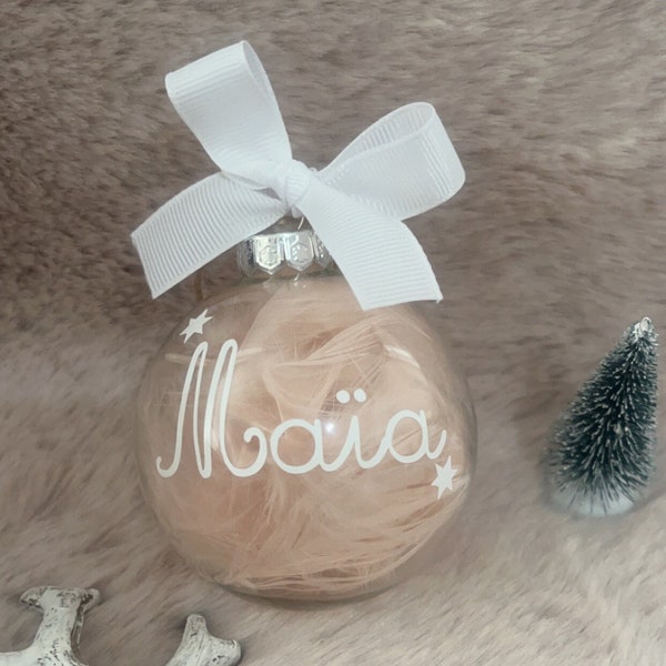 Boule de Noël personnalisée prénom en Verre (7cm) avec Plumes Roses - Décoration Faite Main, Personnalisable, Idéale pour un Noël Magique