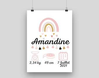 Affiche de naissance personnalisée, déco chambre bébé, cadeau pour bébé, cadeau naissance personnalisé