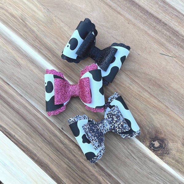 Cow Bows, Faux Leather Bow, 3in Bow, Girls Bow, Toddler Bow