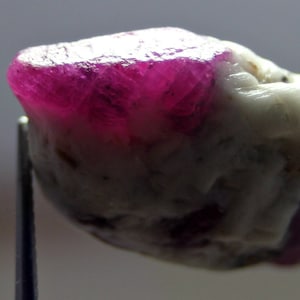 Puede incluir: Un cristal de rubí rosa incrustado en una matriz blanca. El rubí es de color rosa intenso y tiene una superficie lisa y pulida. La matriz es blanca y tiene una superficie rugosa y texturizada.