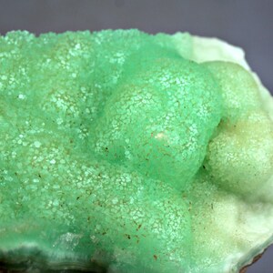 May include: A green and white mineral specimen with a rough, textured surface. The mineral has a botryoidal shape, with rounded, bulbous formations.