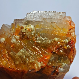 850.0 Gm Rare Golden Blue Color Natural Iron Oxide Coated Fluorite With Dogs Tooth Calcite Crystal Museum Specimen