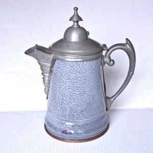 RARE Manning, Bowman & Co. Graniteware Coffee Pot – Antique Pewter Trim – Victorian Era