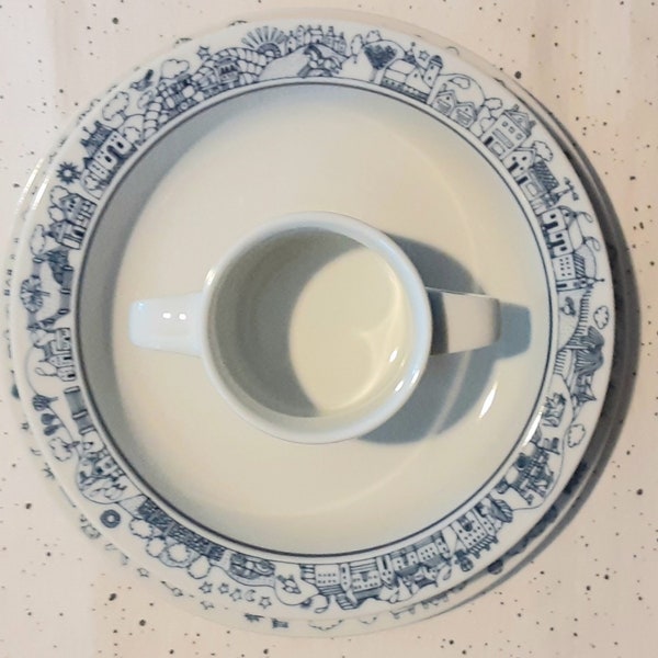 Dansk Bistro Child's Place Setting - Plate Bowl Cup 3pc Blue/White Village Scene