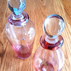 Cranberry Art Glass MCM Perfume Bottles w/Clear Stoppers - Set of 2