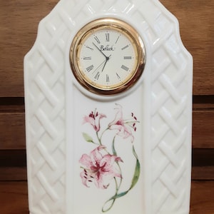 Belleek Pink Tiger Lilly and Trellis Pattern Mantle/Desk Clock