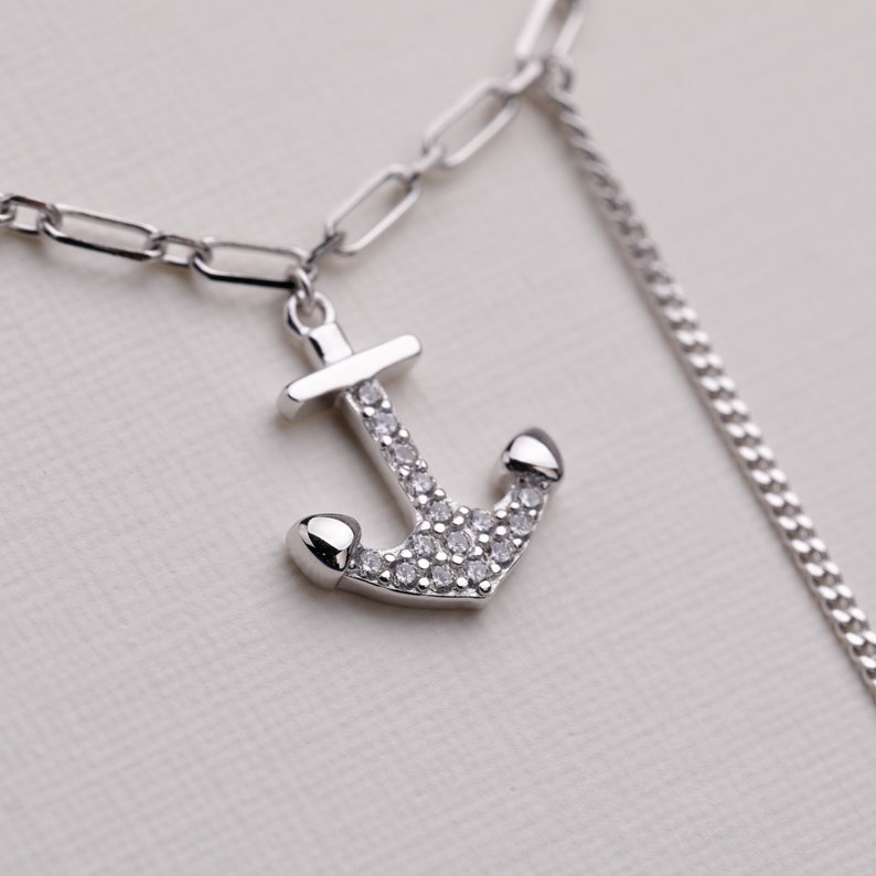 Anchor CZ Micro Pendant 925 Sterling Silver Necklace Link Chain Necklace Sterling Silver Pendant Necklace Jewelry