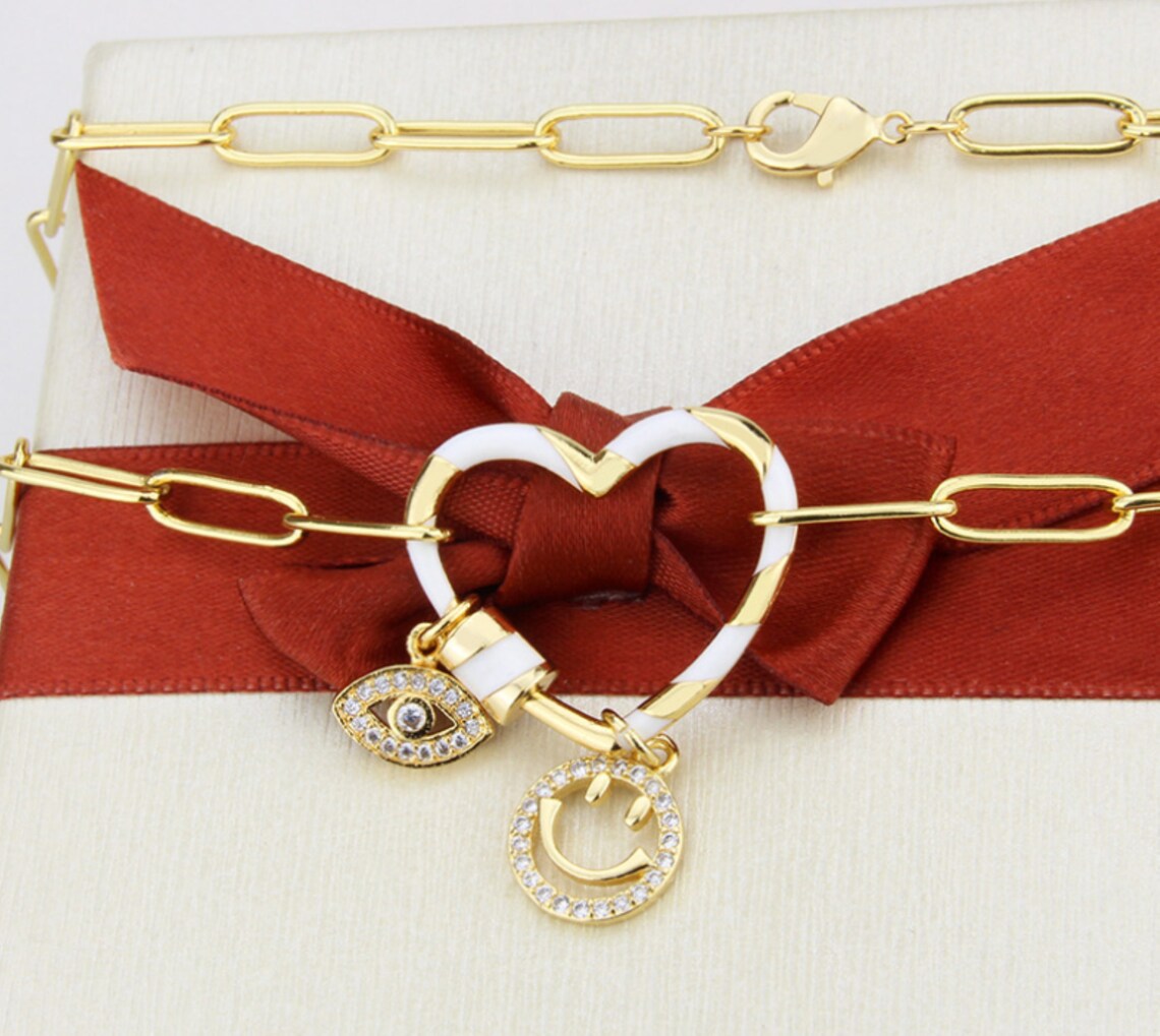 Gold Rectangle Link Chain Necklaceenamel Heart Carabiner With Etsy