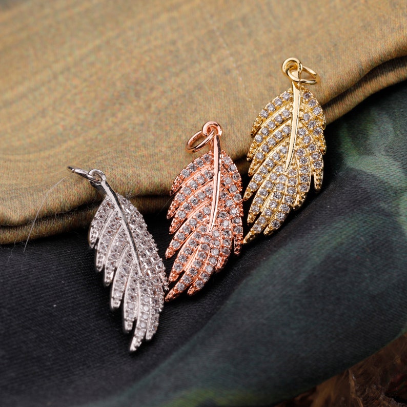 Clear CZ Micro Pave Feather Leaf Shaped PendantCharms for Necklaces Earrings Bracelets,Jewelry DIY Finding 9*22MM