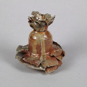 May include: A small, ceramic vase with a textured, brown and white glaze. The vase has a unique, organic shape with a wide, open top.