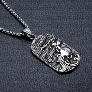 Mens Aquarius Zodiac Dog Tag Necklace: Antique Gold & Silver Astrology Pendant
