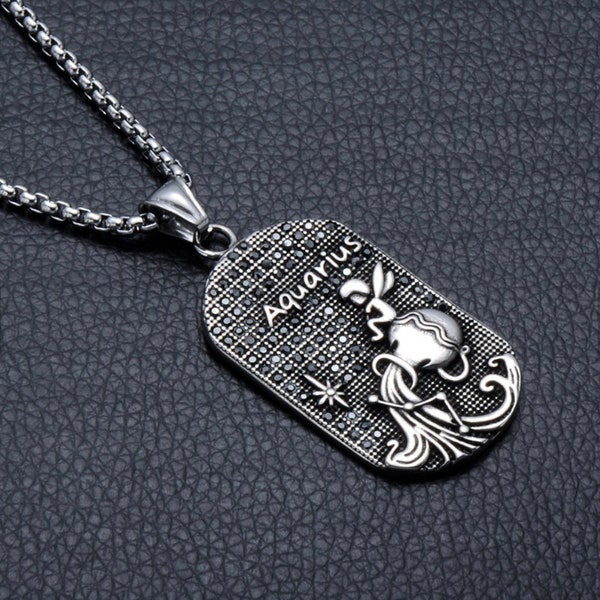 Mens Aquarius zodiac 3D astrology sign dog tag necklaces unique horoscope design gold and silver available great gifts for him