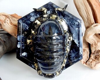 Gedroogde bladeren Isopod-beeldje, pilinsectenkunst, gouden Isopod-kunst, bosvarens Isopod-sculptuur, standbeeld Roly Poly, Isopod-kreeftachtigen presse-papier