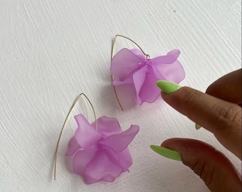 Lavender Purple Petal Drop Hook Earrings - Statement Acrylic Earrings with Gold Wire - Floral Jewellery | Gifts For Her, Friend & Valentines