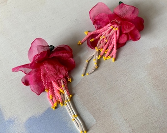 Silk Beaded Flower Statement Earrings