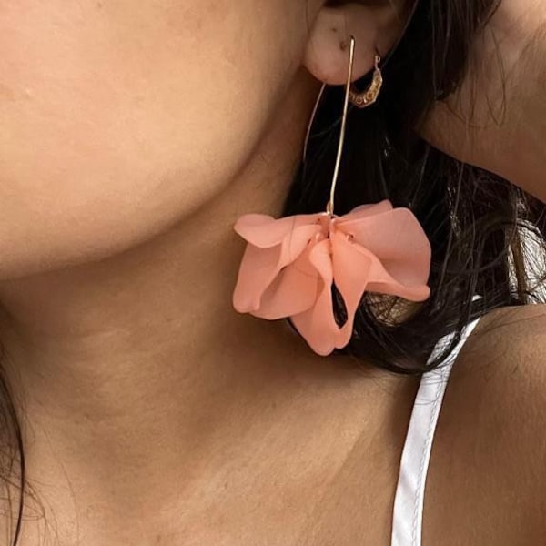 Salmon Pink Petal Drop Hook Earrings - Statement Acrylic Earrings with Gold Wire - Floral Jewellery | Gifts For Her, Friend & Valentines