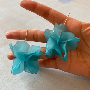 Bright Aqua Blue Petal Drop Hook Earrings - Statement Acrylic Earrings with Gold Wire - Floral Jewellery