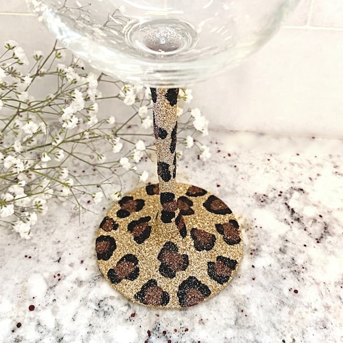 Personalized Leopard Print Glitter Stemless Wine Glass Etsy