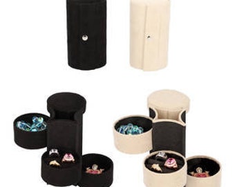 Velvet Cylinder Shape 3 Layer Jewelry Organizer with Top Cap and Snap Button