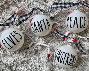 Farmhouse Style Ornaments - Rae Dunn Inspired Ornaments - Christmas Ornaments - White Glass Ornaments - Buffalo Plaid Ornaments - Holidays