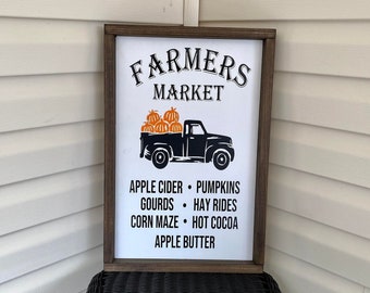 Fall Farmers Market Framed Farmhouse Wood Sign - Vintage Truck Pumpkin Sign - Farmers Market Decor - Fall Home Decor - Farm Fresh Pumpkins