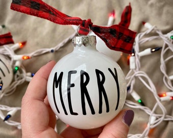 Farmhouse Style Ornaments - Rae Dunn Inspired Ornaments - Christmas Ornaments - White Glass Ornaments - Buffalo Plaid Ornaments - Holidays