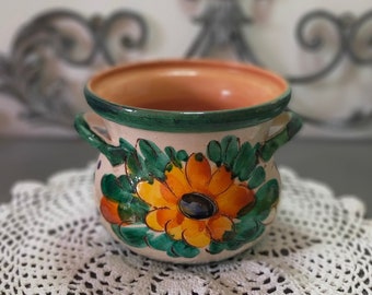 sgraffito terracotta pot cache flowers hand painted and enameled vintage from the 60s