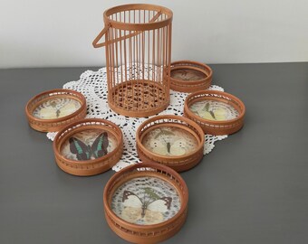 6 vintage rattan coasters in wicker basket / naturalized butterfly coasters from the 60s/70s for table decoration or gift idea