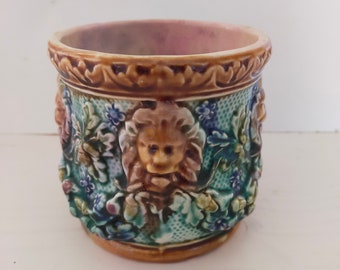 rare old tobacco pot in Onnaing slip/French vintage 19th century/French earthenware/decorative tableware/old pot/zoomorph/lion