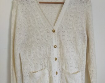 white vintage cardigan with gold buttons/ french cardigan/elegant cardigan/acrylic mesh