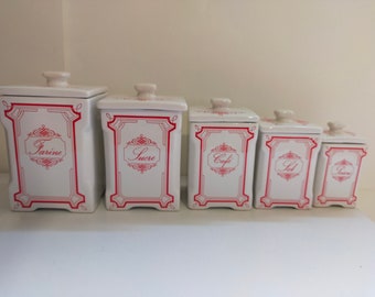 anciens pots à épices/ensembles de 5 pots à épices en faïence française/pots à épices vintage Art déco/ pots à épices rouge et blanc/shabby