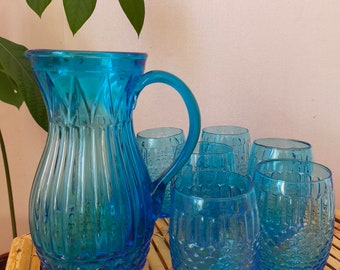 rare vintage orangeade service/glasses and jug service/Art Deco service/blue orangeade service/blue glass/blue pitcher/Art Deco/carafe