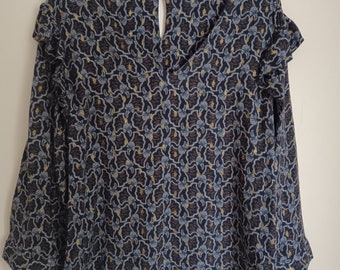 Women's long-sleeved blue and gold flower blouse / long-sleeved women's blue and gold shirt / chic vintage French women's blouse