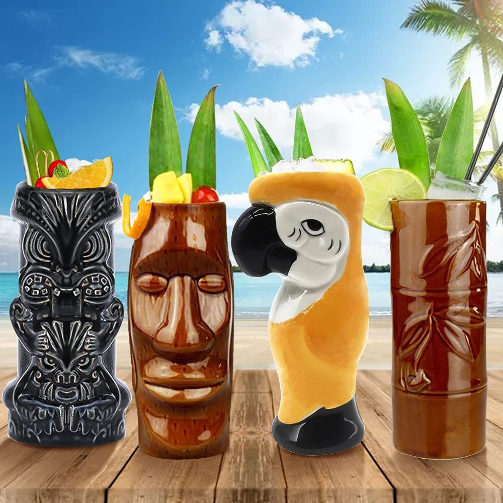 Tiki Mugs Cocktail Set Of 4 Large Tumblers Ceramic Hawaiian Etsy